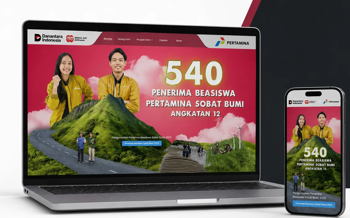 Mockup website Pertamina Foundation pada laptop dan ponsel